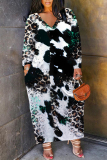Blue Casual Leopard Print Snakeskin Print Pocket Contrast V Neck Printed Plus Size Dresses