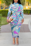 Multicolor Elegant Geometric Print Flowers Contrast Turtleneck Printed Dresses