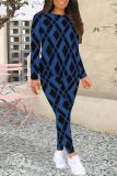 Blue Casual Geometric Print Letters Contrast O Neck Long Sleeve Two Pieces