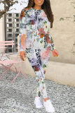 Black Casual Floral Print Contrast O Neck Long Sleeve Two Pieces