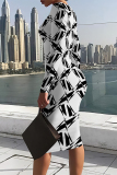 Green Casual Geometric Print Contrast O Neck Printed Dresses