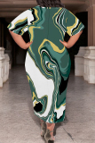 White Green Casual Geometric Print Pocket Contrast O Neck Printed Plus Size Dresses