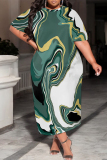 White Green Casual Geometric Print Pocket Contrast O Neck Printed Plus Size Dresses