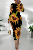 Deep Red Casual Floral Print Contrast O Neck Printed Dresses