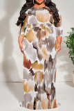 Grey Red Casual Floral Print Lace Up Contrast O Neck Printed Plus Size Dresses