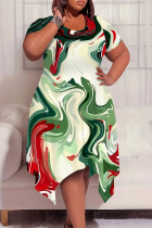 Light Green Casual Geometric Print Pocket Irregular Contrast O Neck Irregular Plus Size Dresses