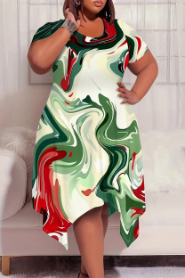 Light Green Casual Geometric Print Pocket Irregular Contrast O Neck Irregular Plus Size Dresses