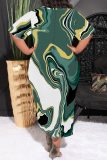 White Green Casual Geometric Print Pocket Contrast O Neck Printed Plus Size Dresses