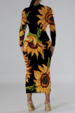 Deep Red Casual Floral Print Contrast O Neck Printed Dresses