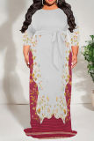 Grey Red Casual Floral Print Lace Up Contrast O Neck Printed Plus Size Dresses