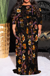 Black Casual Floral Print Lace Up Contrast O Neck Printed Plus Size Dresses