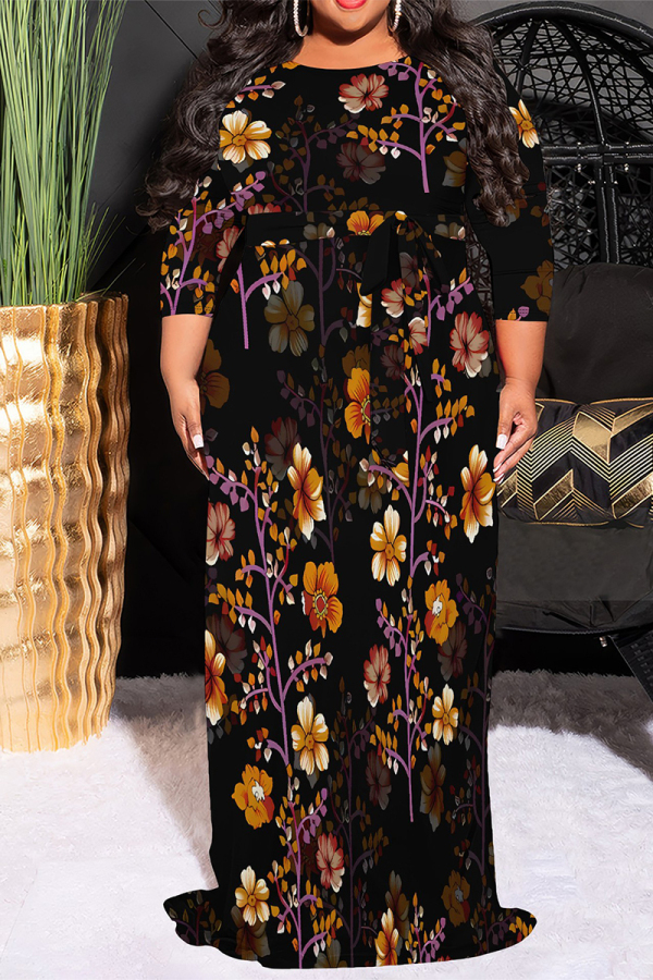 Black Casual Floral Print Lace Up Contrast O Neck Printed Plus Size Dresses