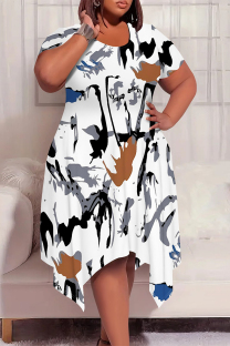 White Casual Geometric Print Pocket Irregular Contrast O Neck Irregular Plus Size Dresses