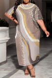 White Green Casual Geometric Print Pocket Contrast O Neck Printed Plus Size Dresses
