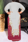 Grey Red Casual Floral Print Lace Up Contrast O Neck Printed Plus Size Dresses