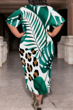 White Green Casual Geometric Print Pocket Contrast O Neck Printed Plus Size Dresses