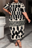 White Green Casual Geometric Print Pocket Contrast O Neck Printed Plus Size Dresses