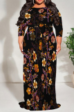 Grey Red Casual Floral Print Lace Up Contrast O Neck Printed Plus Size Dresses