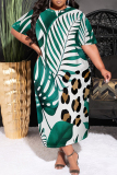 White Green Casual Geometric Print Pocket Contrast O Neck Printed Plus Size Dresses