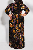 Grey Red Casual Floral Print Lace Up Contrast O Neck Printed Plus Size Dresses