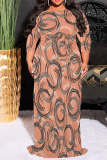 Grey Red Casual Floral Print Lace Up Contrast O Neck Printed Plus Size Dresses