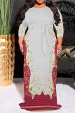 Grey Red Casual Floral Print Lace Up Contrast O Neck Printed Plus Size Dresses