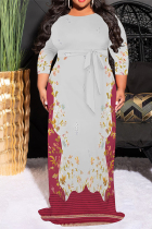 Grey Red Casual Floral Print Lace Up Contrast O Neck Printed Plus Size Dresses