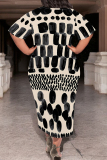 White Green Casual Geometric Print Pocket Contrast O Neck Printed Plus Size Dresses