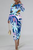 White Blue Elegant Floral Print Tie Dye Contrast O Neck Printed Dresses