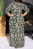 Grey Red Casual Floral Print Lace Up Contrast O Neck Printed Plus Size Dresses