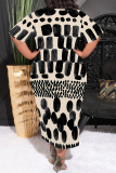 White Green Casual Geometric Print Pocket Contrast O Neck Printed Plus Size Dresses