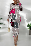 White Blue Elegant Floral Print Tie Dye Contrast O Neck Printed Dresses