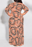 Grey Red Casual Floral Print Lace Up Contrast O Neck Printed Plus Size Dresses