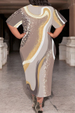 White Green Casual Geometric Print Pocket Contrast O Neck Printed Plus Size Dresses