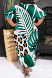 White Green Casual Geometric Print Pocket Contrast O Neck Printed Plus Size Dresses