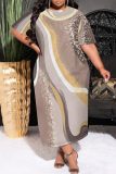 White Green Casual Geometric Print Pocket Contrast O Neck Printed Plus Size Dresses