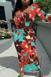 Red Elegant Floral Print Contrast O Neck One Step Skirt Dresses