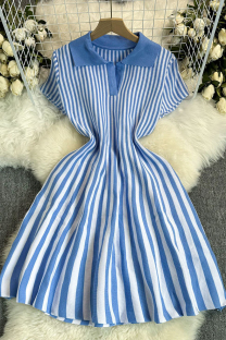 Blue Casual Stripe Patchwork V Neck Printed Dresses
