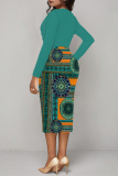 Turquoise Casual Geometric Print Contrast V Neck Printed Dresses