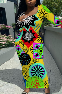 Green Yellow Elegant Geometric Print Flowers Contrast O Neck One Step Skirt Dresses