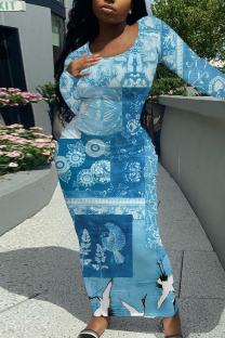 Blue Casual Geometric Print Contrast O Neck One Step Skirt Dresses
