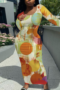 Orange Yellow Elegant Floral Print Contrast O Neck One Step Skirt Dresses