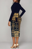 Turquoise Casual Geometric Print Contrast V Neck Printed Dresses