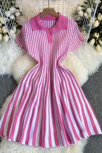 Pink Casual Stripe Patchwork V Neck Printed Dresses