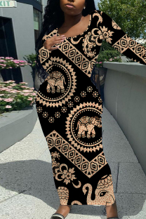 Black Casual Geometric Print Contrast O Neck One Step Skirt Dresses