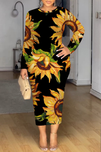 Black Casual Floral Print Contrast O Neck Printed Dresses