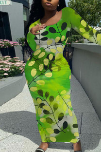 Green Elegant Floral Print Contrast O Neck One Step Skirt Dresses