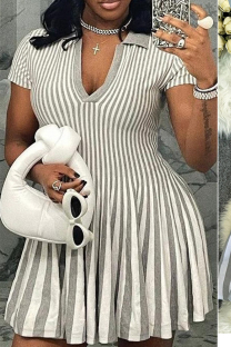 Grey Casual Stripe Patchwork V Neck Printed Dresses