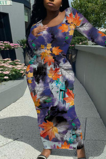 Dark Purple Elegant Floral Print Contrast O Neck One Step Skirt Dresses
