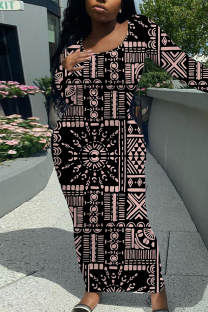 Black Pink Casual Geometric Print Contrast O Neck One Step Skirt Dresses